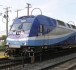 A blue commuter train