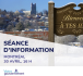 Affiche pour une séance d'information avec une photo d'une ville en hiver au loin