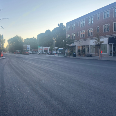A newly repaved area of Sherbrooke Street West