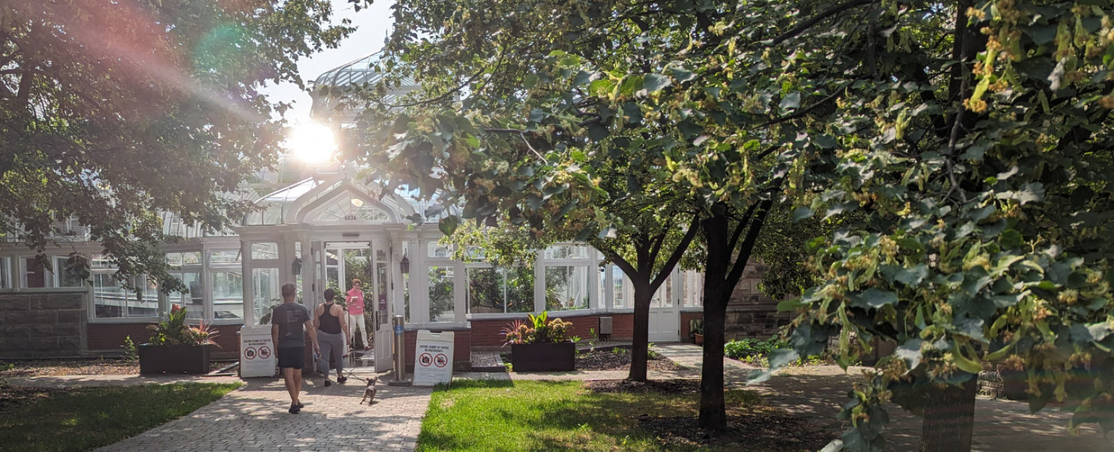 vue du jardin à l'entrée du conservatoire l'été avec des gens qui y entre