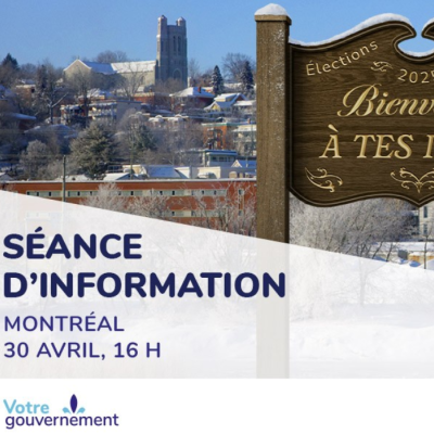 Affiche pour une séance d'information avec une photo d'une ville en hiver au loin