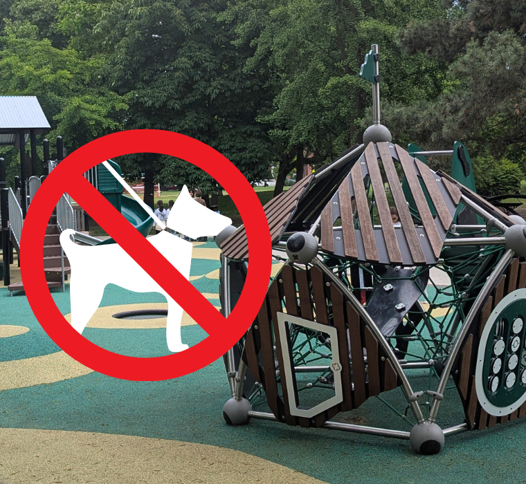 A symbol indicating dogs forbidden over a photo of a playground